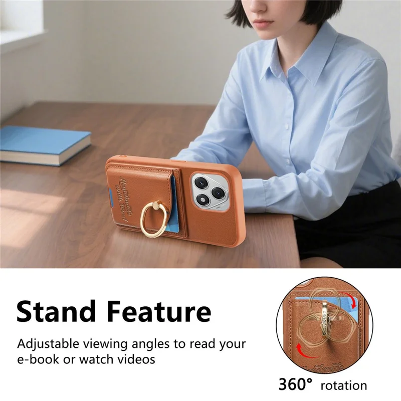 For Honor 400 Lite 5G Case Card Holder Rhinestone Ring Holder Kickstand Leather Back Phone Cover - Brown