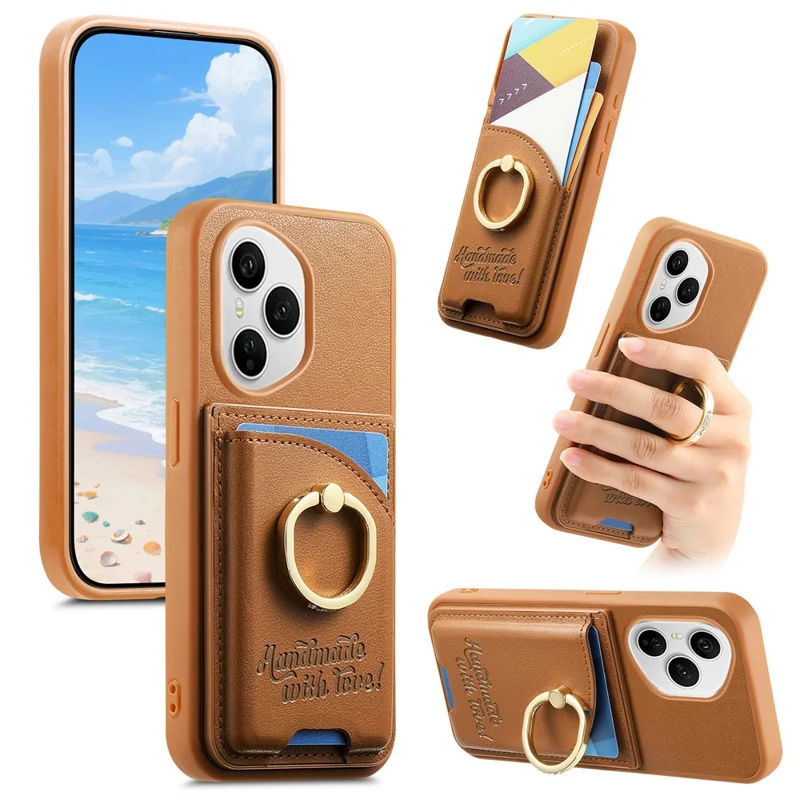 Für Honor 400 Pro 5G (Global) Kartenetui Rhinestone-Ringhalter Ständer Lederrückseite Handyhülle - Braun