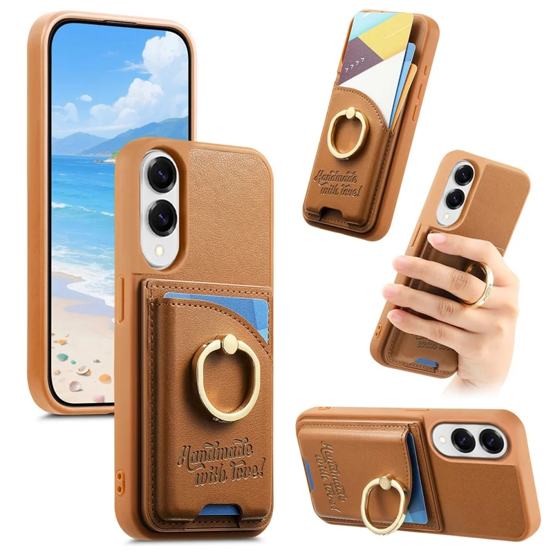 For Samsung Galaxy S25 Edge Case Card Holder Rhinestone Ring Holder Kickstand Leather Back Phone Cover - Brown