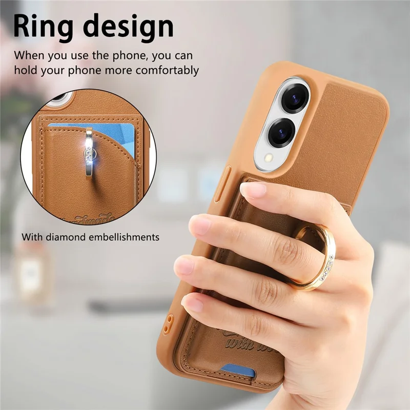 For Samsung Galaxy S25 Edge Case Card Holder Rhinestone Ring Holder Kickstand Leather Back Phone Cover - Brown