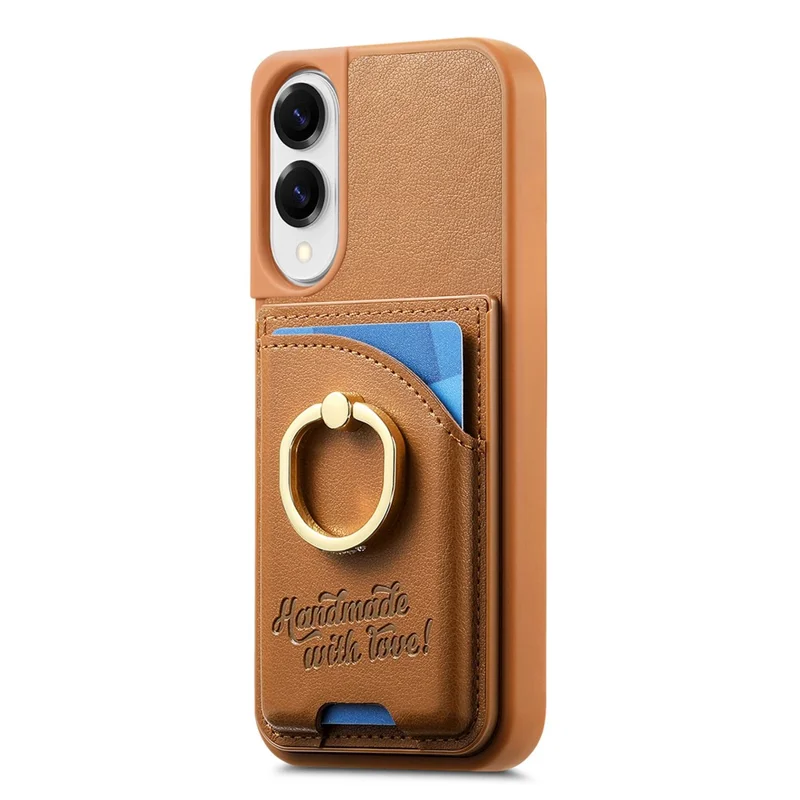 For Samsung Galaxy S25 Edge Case Card Holder Rhinestone Ring Holder Kickstand Leather Back Phone Cover - Brown