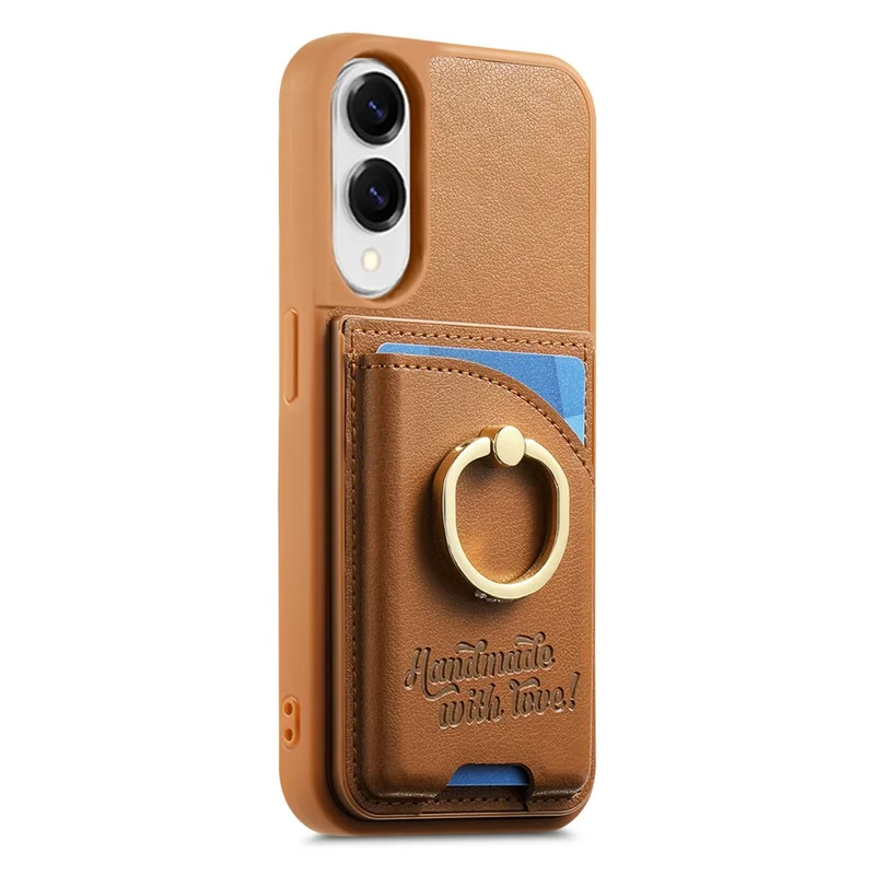 For Samsung Galaxy S25 Edge Case Card Holder Rhinestone Ring Holder Kickstand Leather Back Phone Cover - Brown