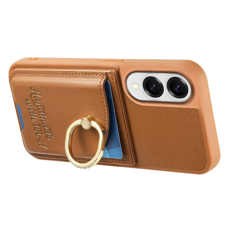 For Samsung Galaxy S25 Edge Case Card Holder Rhinestone Ring Holder Kickstand Leather Back Phone Cover - Brown