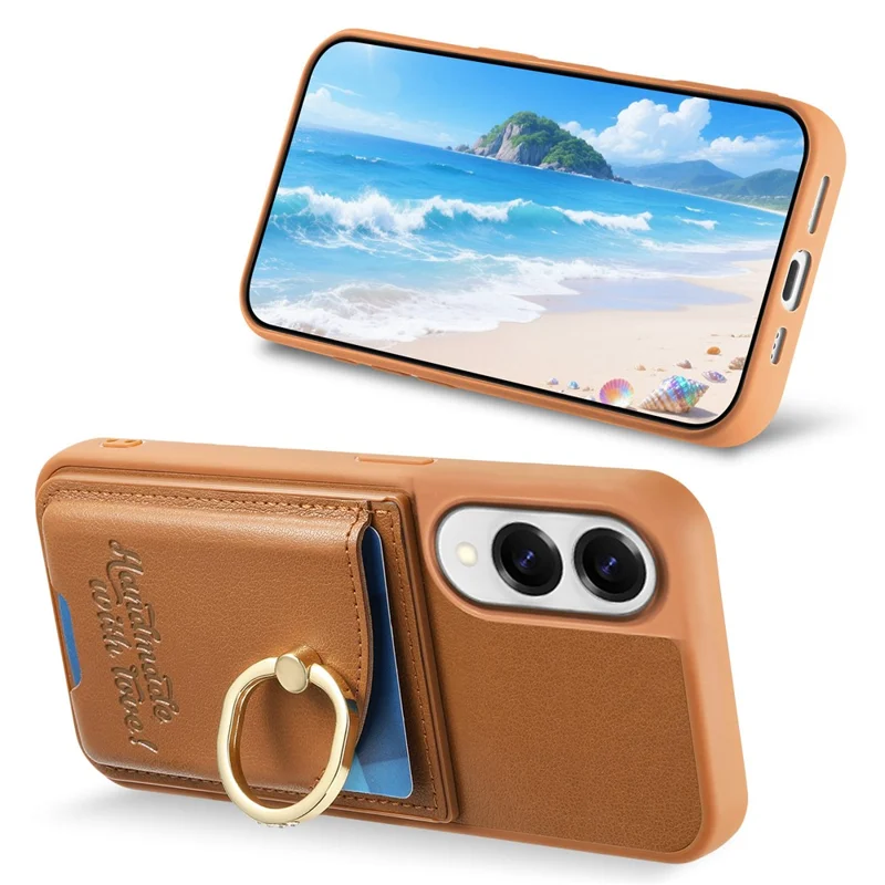 For Samsung Galaxy S25 Edge Case Card Holder Rhinestone Ring Holder Kickstand Leather Back Phone Cover - Brown