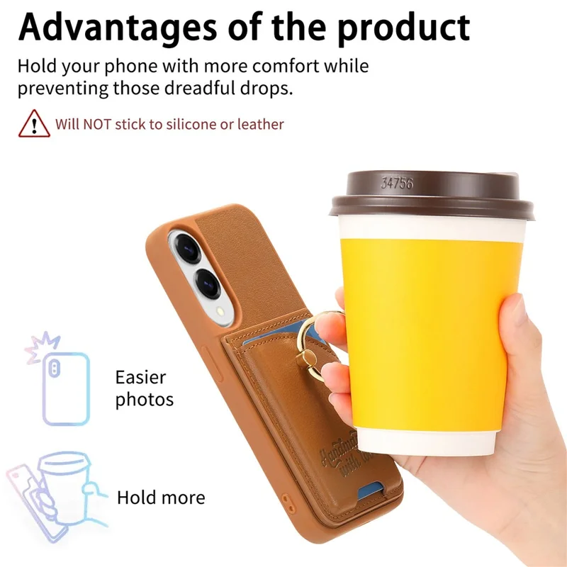 For Samsung Galaxy S25 Edge Case Card Holder Rhinestone Ring Holder Kickstand Leather Back Phone Cover - Brown