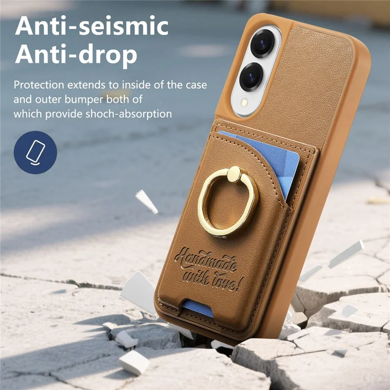 For Samsung Galaxy S25 Edge Case Card Holder Rhinestone Ring Holder Kickstand Leather Back Phone Cover - Brown
