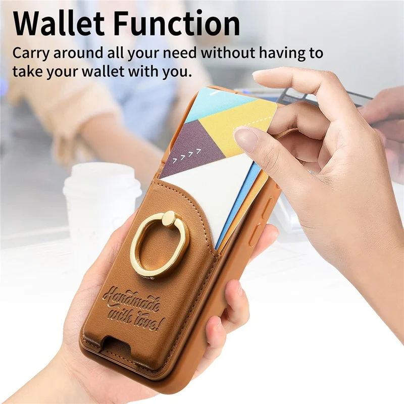 For Samsung Galaxy S25 Edge Case Card Holder Rhinestone Ring Holder Kickstand Leather Back Phone Cover - Brown