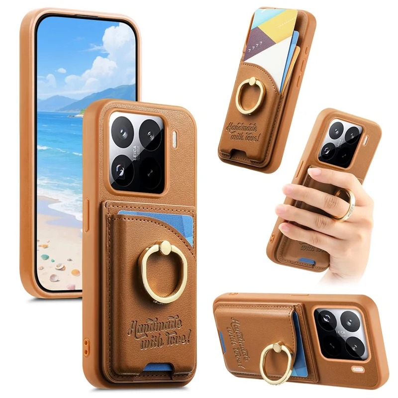 Custodia Xiaomi 15 Pro Porta Carte Supporto Anello Diamante Supporto Kickstand Custodia in Pelle - Marrone