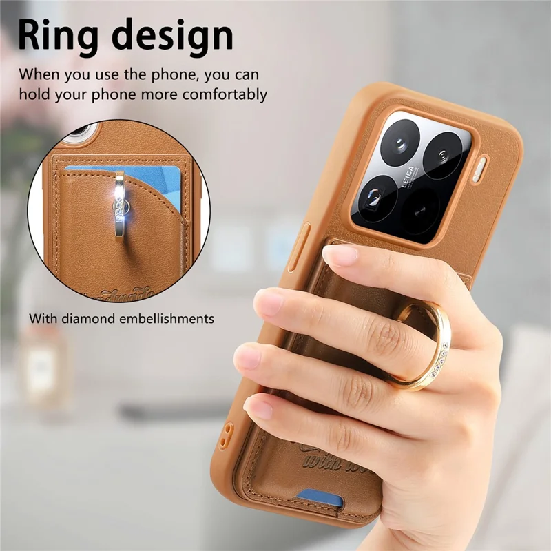 Custodia Xiaomi 15 Pro Porta Carte Supporto Anello Diamante Supporto Kickstand Custodia in Pelle - Marrone