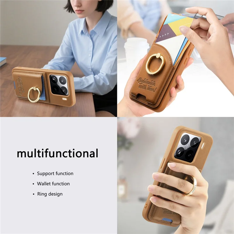 Custodia Xiaomi 15 Pro Porta Carte Supporto Anello Diamante Supporto Kickstand Custodia in Pelle - Marrone