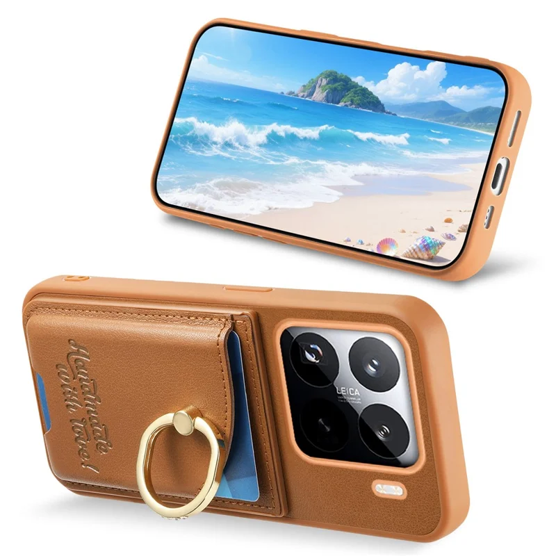 Custodia Xiaomi 15 Pro Porta Carte Supporto Anello Diamante Supporto Kickstand Custodia in Pelle - Marrone