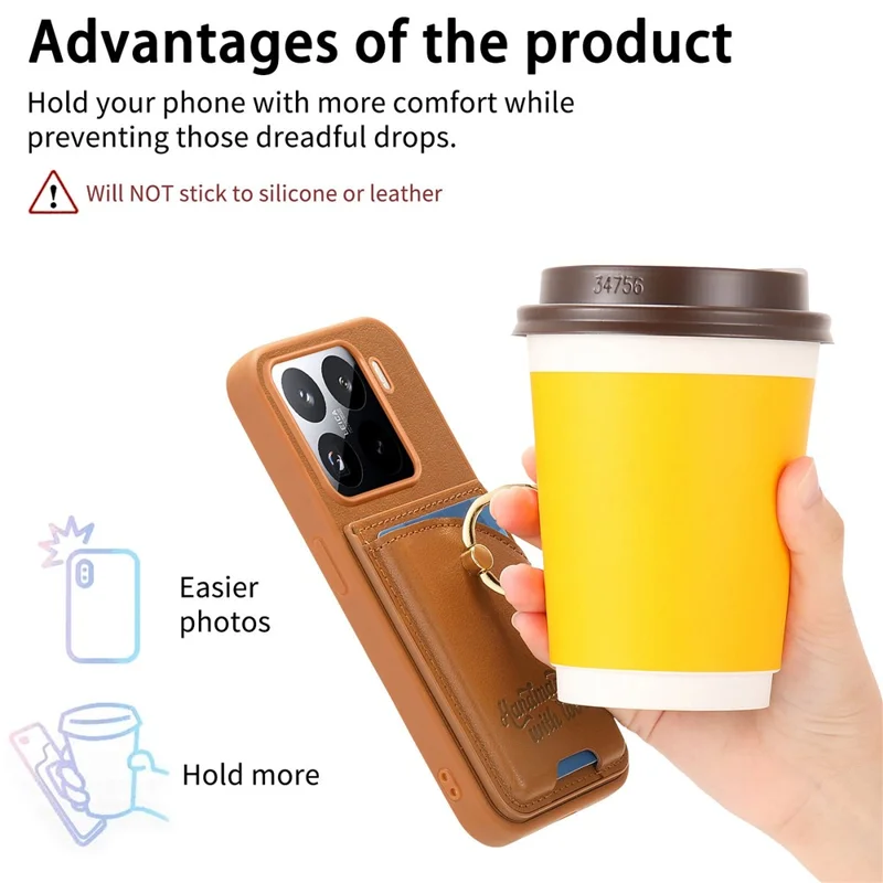 Custodia Xiaomi 15 Pro Porta Carte Supporto Anello Diamante Supporto Kickstand Custodia in Pelle - Marrone