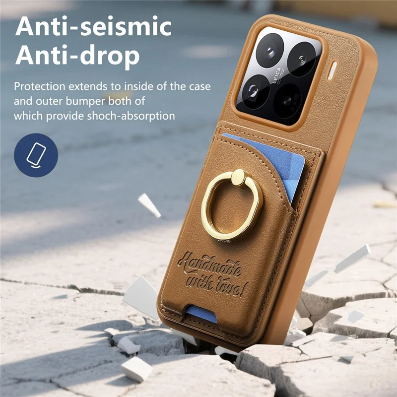 Custodia Xiaomi 15 Pro Porta Carte Supporto Anello Diamante Supporto Kickstand Custodia in Pelle - Marrone