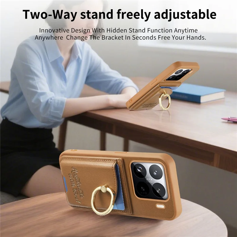 Custodia Xiaomi 15 Pro Porta Carte Supporto Anello Diamante Supporto Kickstand Custodia in Pelle - Marrone