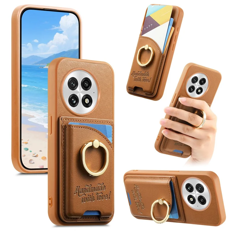 For OnePlus 13 Case Card Holder Rhinestone Ring Holder Kickstand Leather Back Phone Cover - Brown