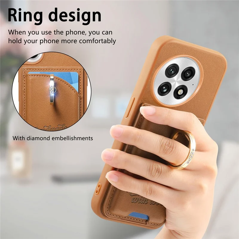 For OnePlus 13 Case Card Holder Rhinestone Ring Holder Kickstand Leather Back Phone Cover - Brown