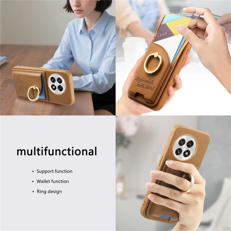 For OnePlus 13 Case Card Holder Rhinestone Ring Holder Kickstand Leather Back Phone Cover - Brown