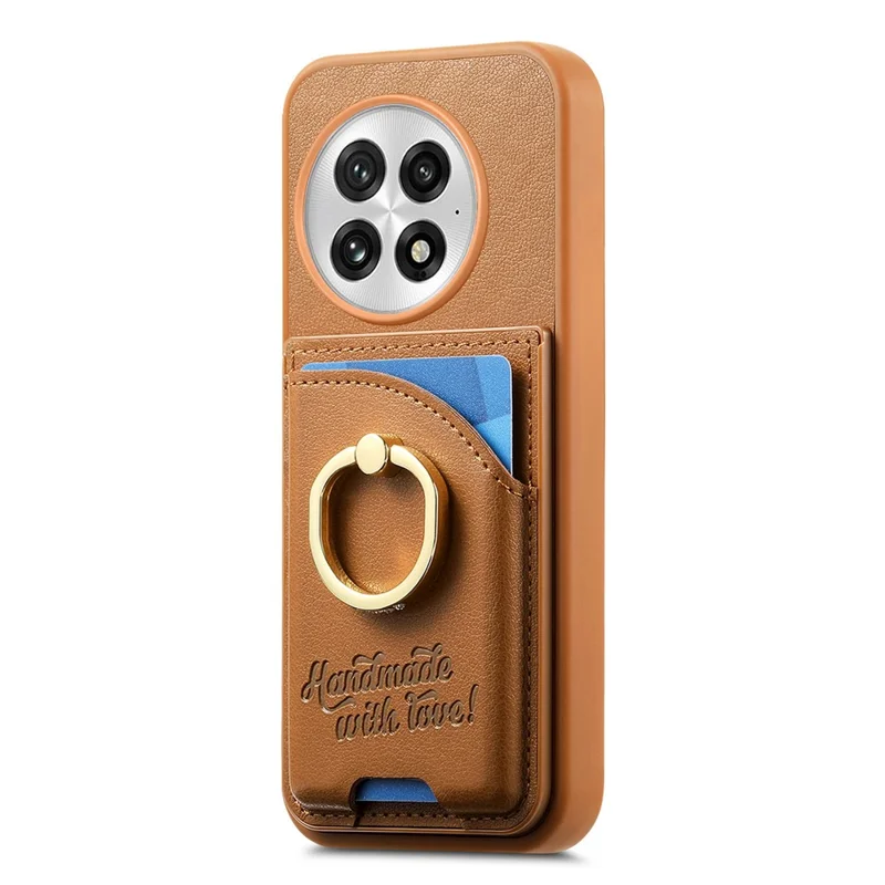 For OnePlus 13 Case Card Holder Rhinestone Ring Holder Kickstand Leather Back Phone Cover - Brown