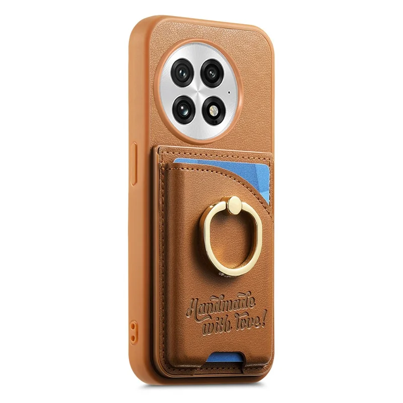 For OnePlus 13 Case Card Holder Rhinestone Ring Holder Kickstand Leather Back Phone Cover - Brown