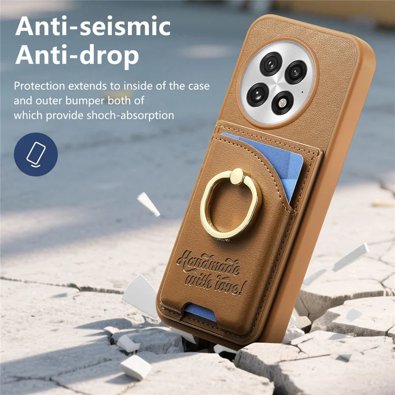 For OnePlus 13 Case Card Holder Rhinestone Ring Holder Kickstand Leather Back Phone Cover - Brown