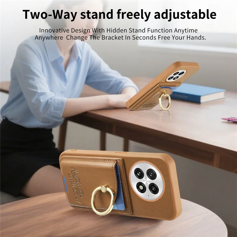 For OnePlus 13 Case Card Holder Rhinestone Ring Holder Kickstand Leather Back Phone Cover - Brown