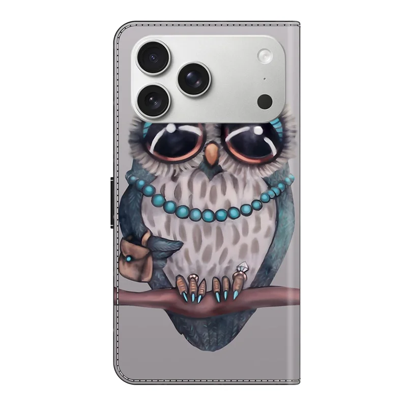 For iPhone 17 Pro Case Foldable Stand Wallet Pattern Printing PU Leather Flip Phone Cover - Necklace Owl