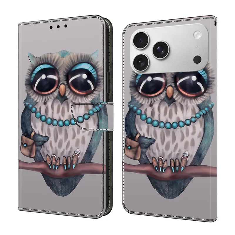 For iPhone 17 Pro Max Case Foldable Stand Wallet Pattern Printing PU Leather Flip Phone Cover - Necklace Owl