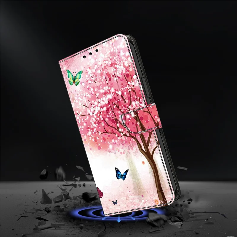 Folia na telefon Samsung Galaxy A17 5G / 4G z funkcją podpórki, portfel, nadruk wzoru, pokrowiec typu flip z syntetycznej skóry PU - Wiśnie w kwieciu, motyl