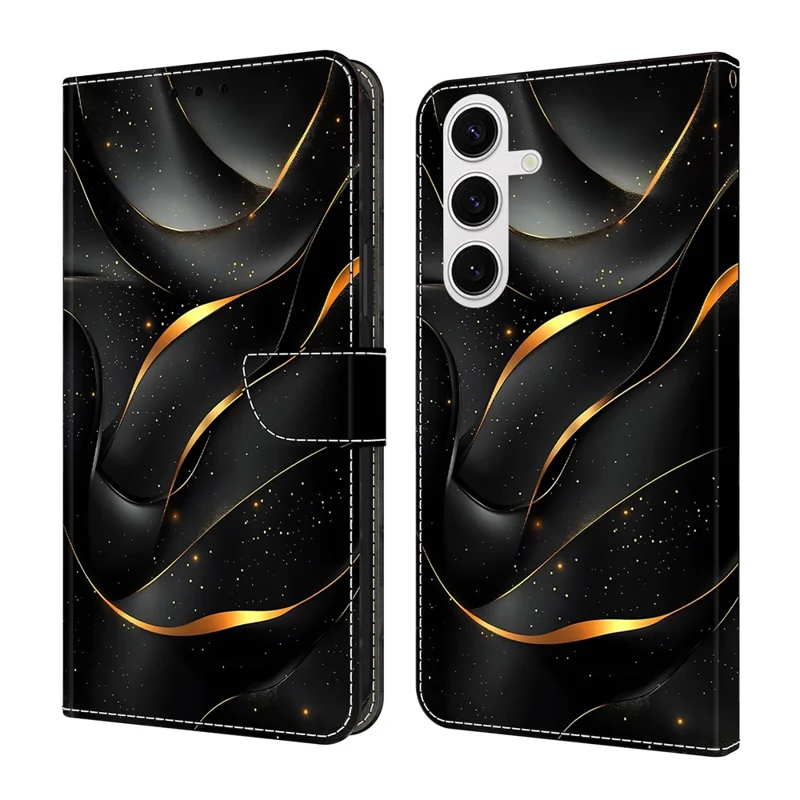 For Samsung Galaxy S25 Case Foldable Stand Wallet Pattern Printing PU Leather Flip Phone Cover - Golden Ribbon