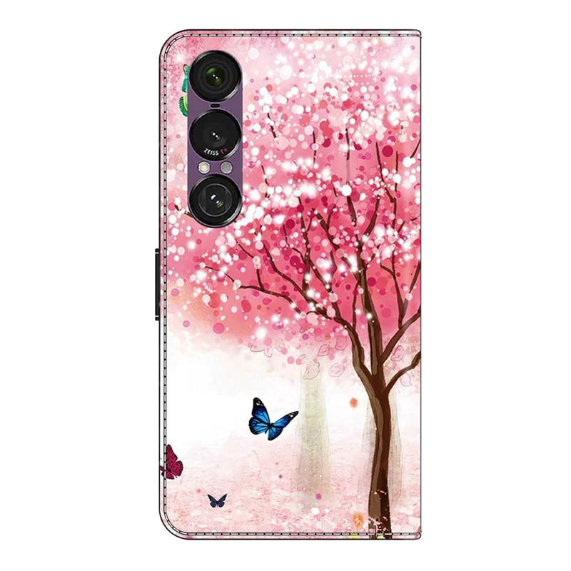 Étui Sony Xperia 1 VII Pliable Support Portefeuille Impression de Motif Cuir PU Rabat Housse de Téléphone - Fleurs de Cerisier Papillon