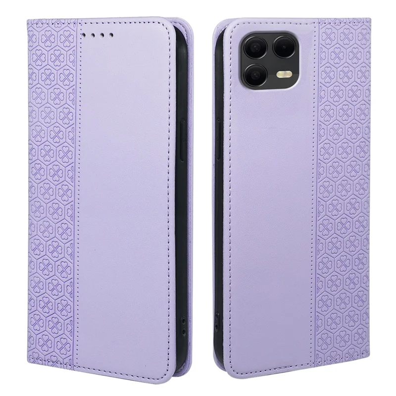 For T-Mobile Revvl 8 Pro Case Four Leaf Clover Leather Flip Phone Cover Stand Wallet - Light Purple