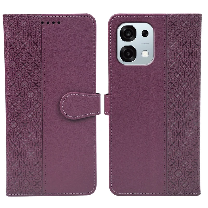 For Oppo A6 Pro 5G Case Magnetic Clasp Four Leaf Clover Leather Phone Cover  - Dark Purple