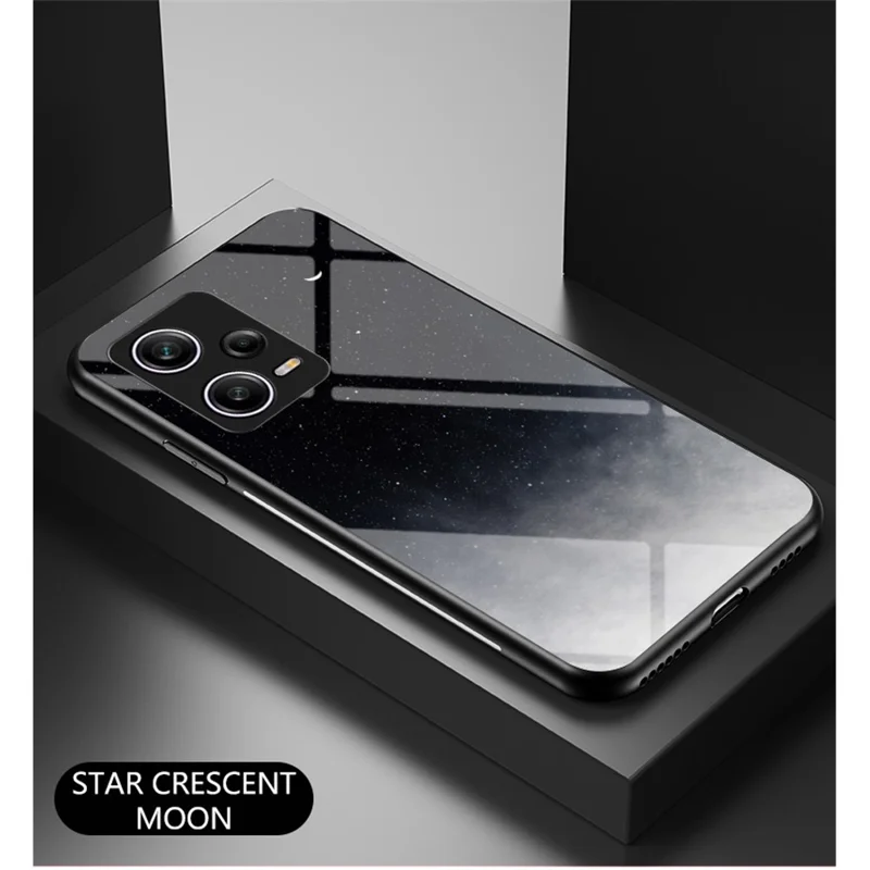 Capa Anti-Arranhões para Xiaomi Redmi Note 12 Pro 5G, Capa de Telefone com Padrão de Céu Estrelado Impresso em TPU PC Vidro Temperado - Lua Crescente Estrelada