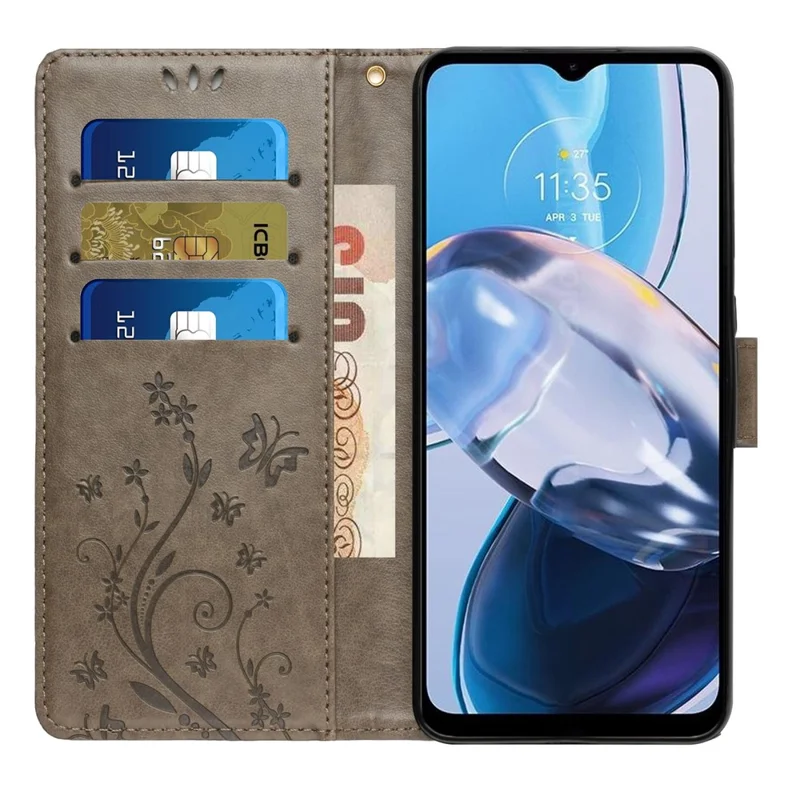 Til Motorola Moto E22 4G Blomster Butterfly Print Beskyttende Cover PU Læder Telefon Wallet Funktion Stående Anti-drop Case - Grå