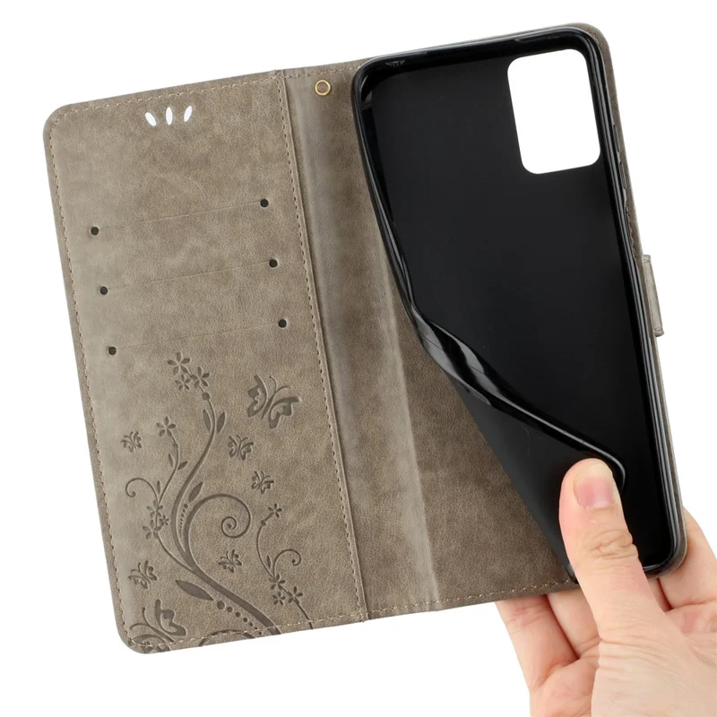 Til Motorola Moto E22 4G Blomster Butterfly Print Beskyttende Cover PU Læder Telefon Wallet Funktion Stående Anti-drop Case - Grå