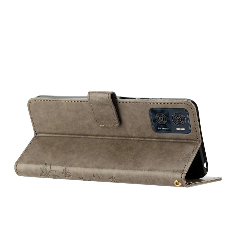 Til Motorola Moto E22 4G Blomster Butterfly Print Beskyttende Cover PU Læder Telefon Wallet Funktion Stående Anti-drop Case - Grå