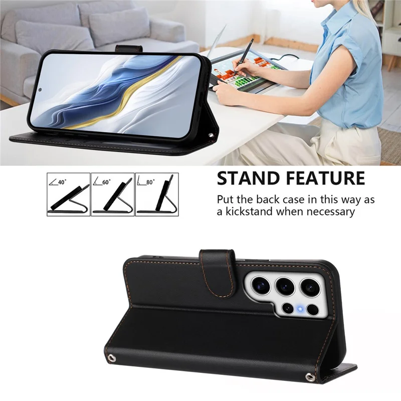 Bulk Purchasing For Samsung Galaxy S24 Ultra Leather Phone Cover Wallet Stand with Wrist Strap Shockproof Wallet Case - Black