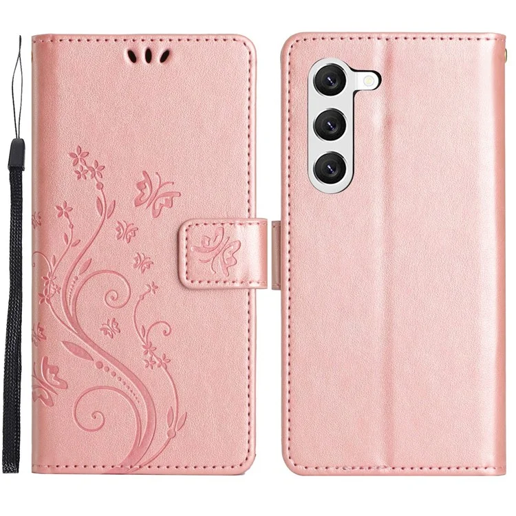 Pour Samsung Galaxy S23 Flower Butterfly Imprinted Protective Cover avec Stand PU Leather Phone Wallet Case - Rose Gold