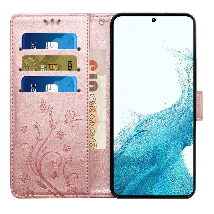 Pour Samsung Galaxy S23 Flower Butterfly Imprinted Protective Cover avec Stand PU Leather Phone Wallet Case - Rose Gold