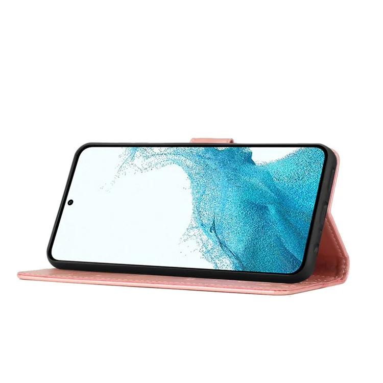 Pour Samsung Galaxy S23 Flower Butterfly Imprinted Protective Cover avec Stand PU Leather Phone Wallet Case - Rose Gold