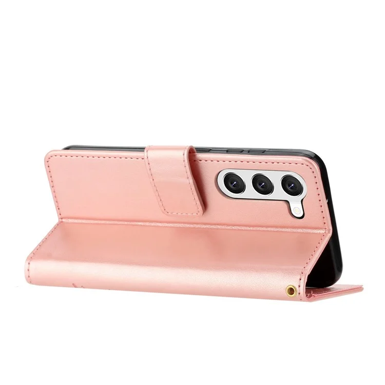 Per Samsung Galaxy S23+ PU Leather Stand Wallet Case Imprinting Flower Butterflies Magnetic Clasp Phone Cover - Rose Gold