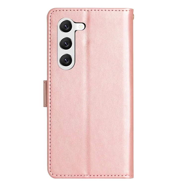 Per Samsung Galaxy S23+ PU Leather Stand Wallet Case Imprinting Flower Butterflies Magnetic Clasp Phone Cover - Rose Gold