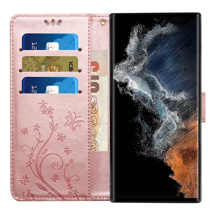 Pour Samsung Galaxy S23 Ultra Imprinting Flower Butterflies Stand Bobinet Portefeuille - or Rose