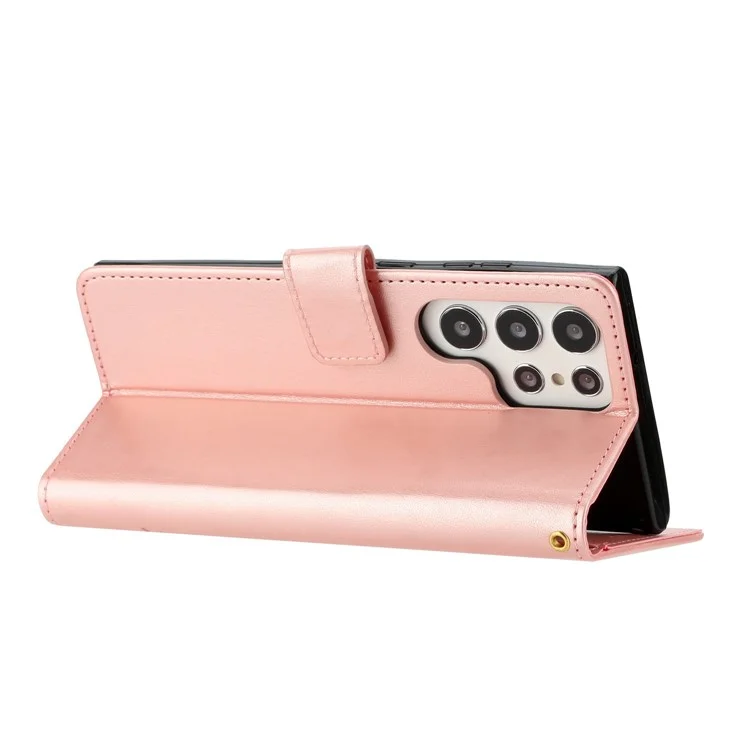 Pour Samsung Galaxy S23 Ultra Imprinting Flower Butterflies Stand Bobinet Portefeuille - or Rose