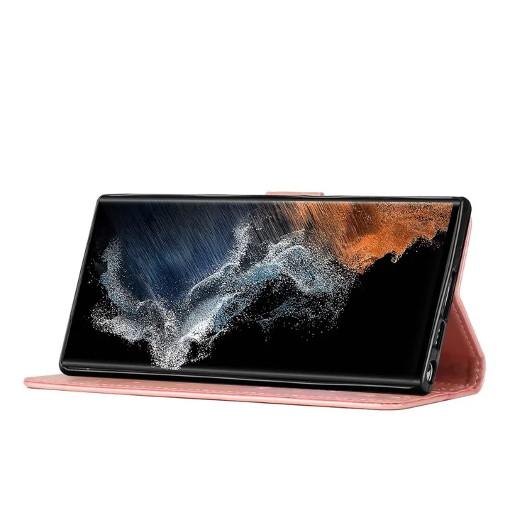 Pour Samsung Galaxy S23 Ultra Imprinting Flower Butterflies Stand Bobinet Portefeuille - or Rose