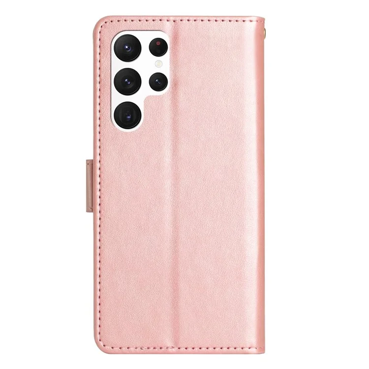 Pour Samsung Galaxy S23 Ultra Imprinting Flower Butterflies Stand Bobinet Portefeuille - or Rose