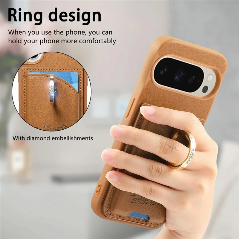 Для Google Pixel 9 Pro XL / 10 Pro XL Чехол Держатель для карт Держатель с кристаллами Кольцевой держатель Подставка Кожаная задняя панель Чехол для телефона - Коричневый