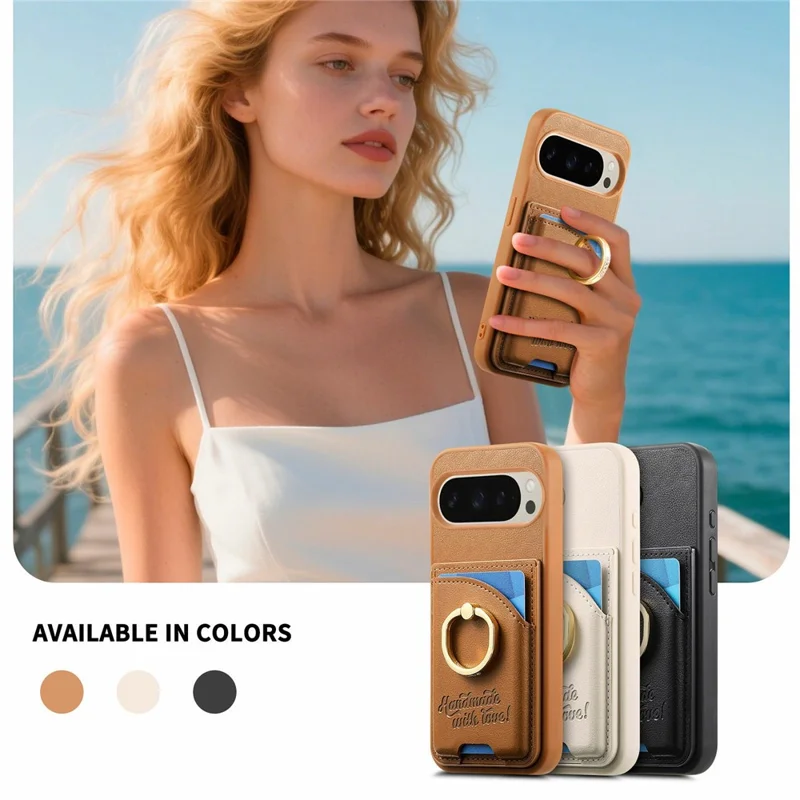 Для Google Pixel 9 Pro XL / 10 Pro XL Чехол Держатель для карт Держатель с кристаллами Кольцевой держатель Подставка Кожаная задняя панель Чехол для телефона - Коричневый