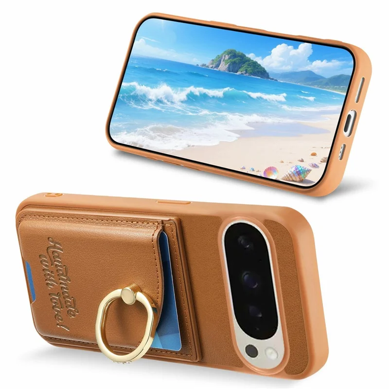 Для Google Pixel 9 Pro XL / 10 Pro XL Чехол Держатель для карт Держатель с кристаллами Кольцевой держатель Подставка Кожаная задняя панель Чехол для телефона - Коричневый