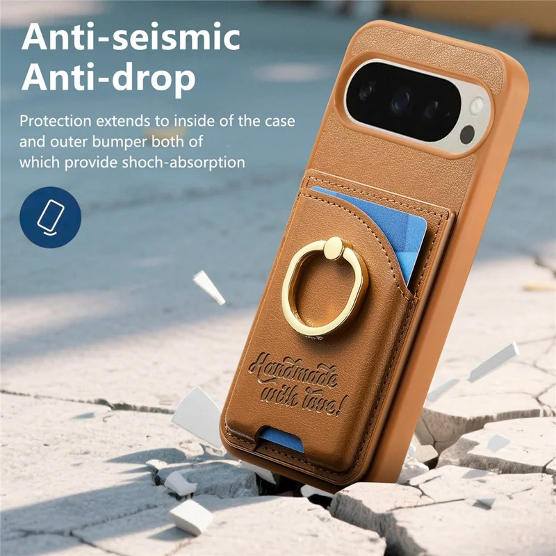 Для Google Pixel 9 Pro XL / 10 Pro XL Чехол Держатель для карт Держатель с кристаллами Кольцевой держатель Подставка Кожаная задняя панель Чехол для телефона - Коричневый